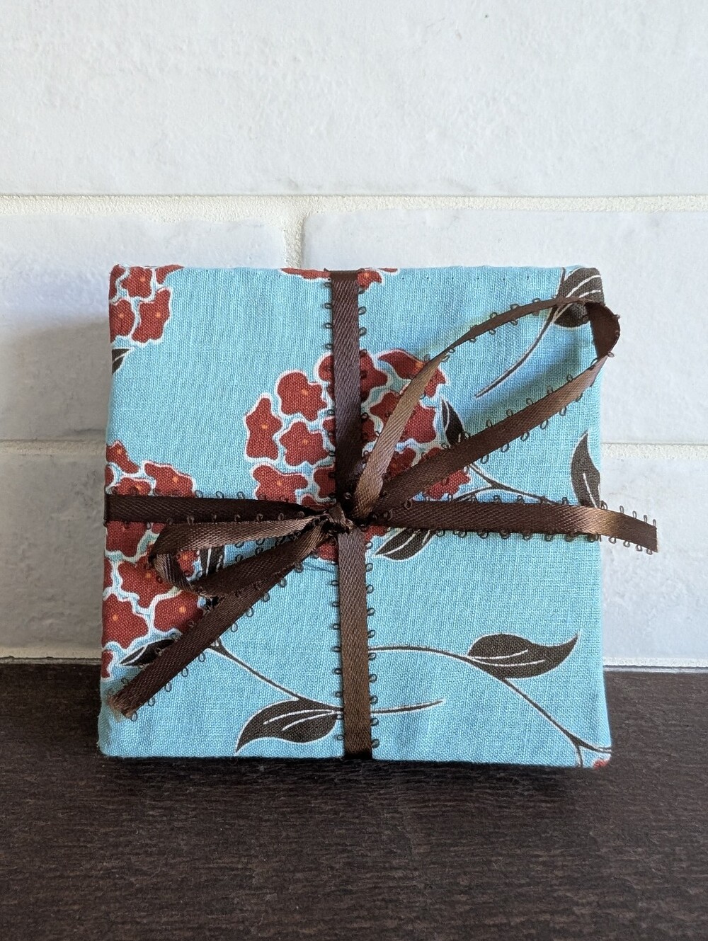 Set Of Four Handmade Fabric Coasters Blue With Red Brown Flowers